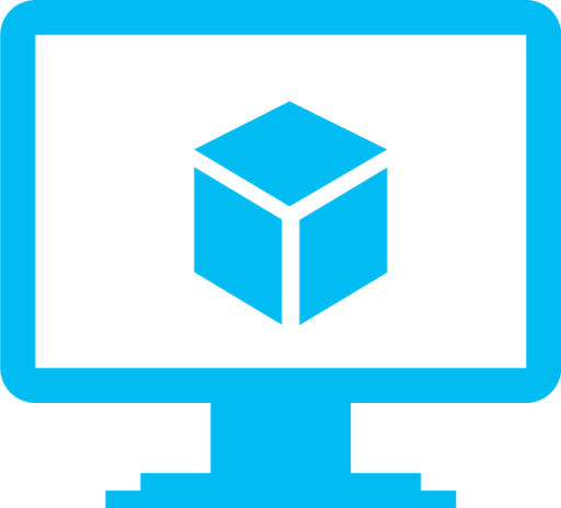 Icon of a blue computer with a cube in the middle, representing a virtual machine.